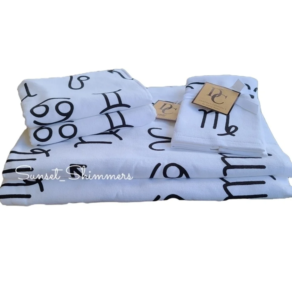 6PC Deborah Connolly Astrology Zodiac Sign Black & White Bath Hand Tip Towel Set
